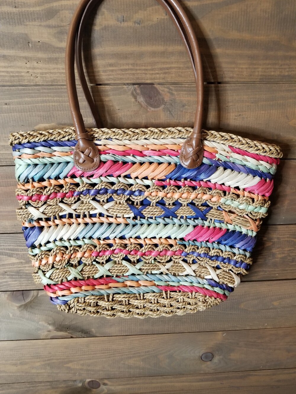 Vtg Cato Multicolored Striped Straw Shoulder Tote Bag Leather Handles Boho Hippy